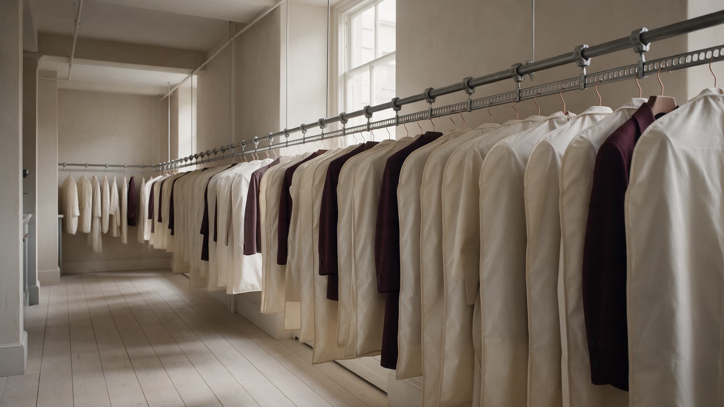 A long rail of finished garments in cream garment bags in a quiet atelier
