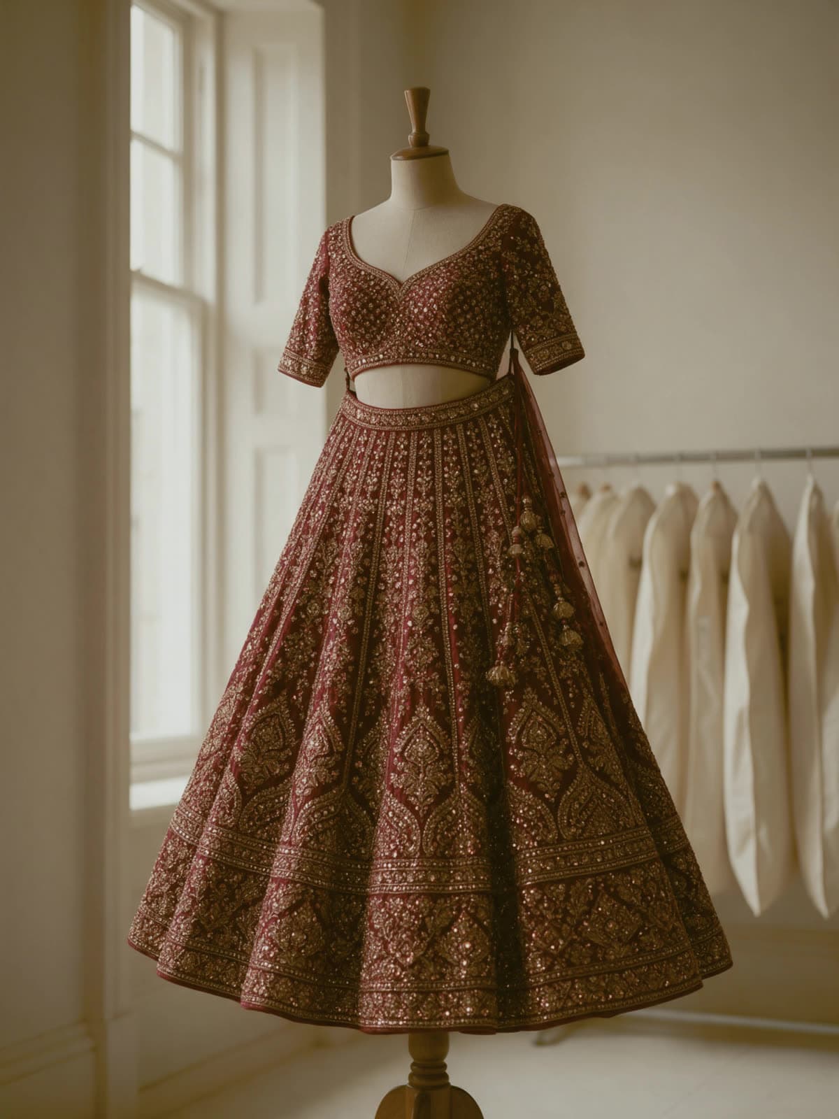 The same lehenga before cleaning, dulled and yellowed at the hem