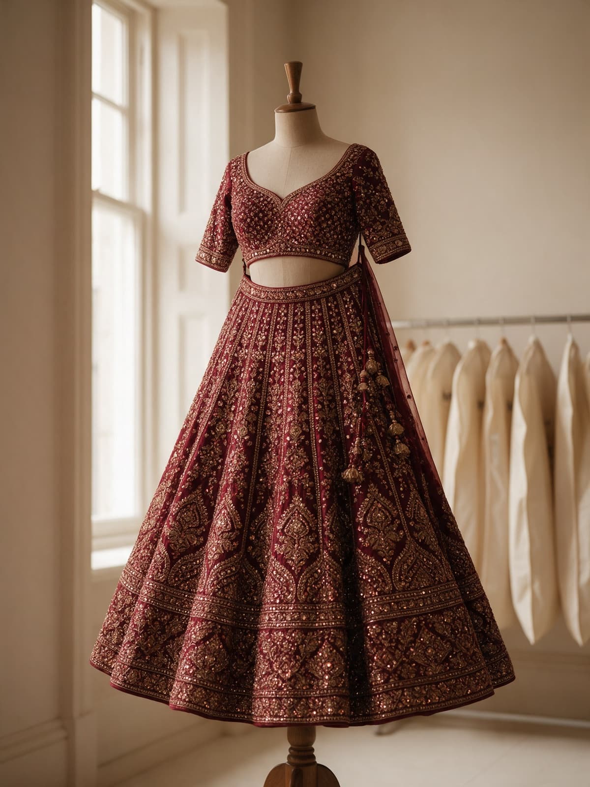 An embellished maroon and gold bridal lehenga on a dress form in a cream atelier