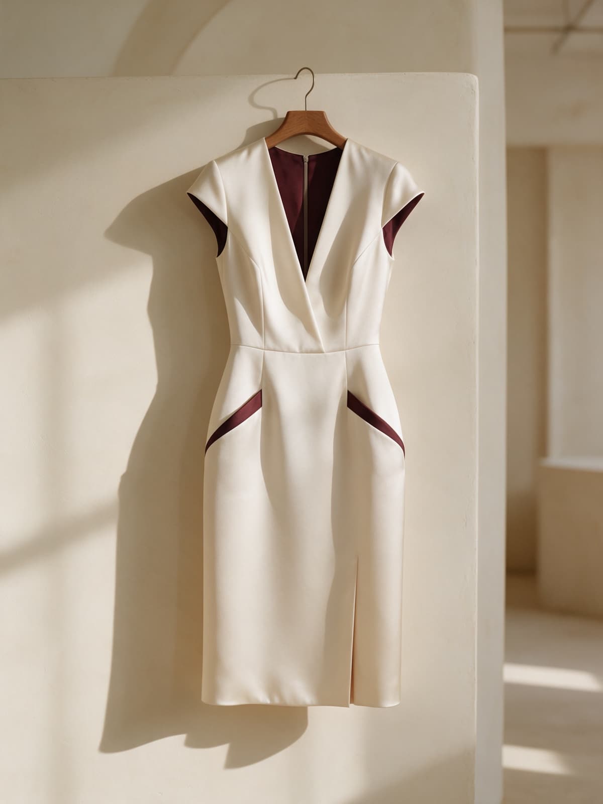 An ivory silk designer dress on a wooden hanger against a warm plaster wall