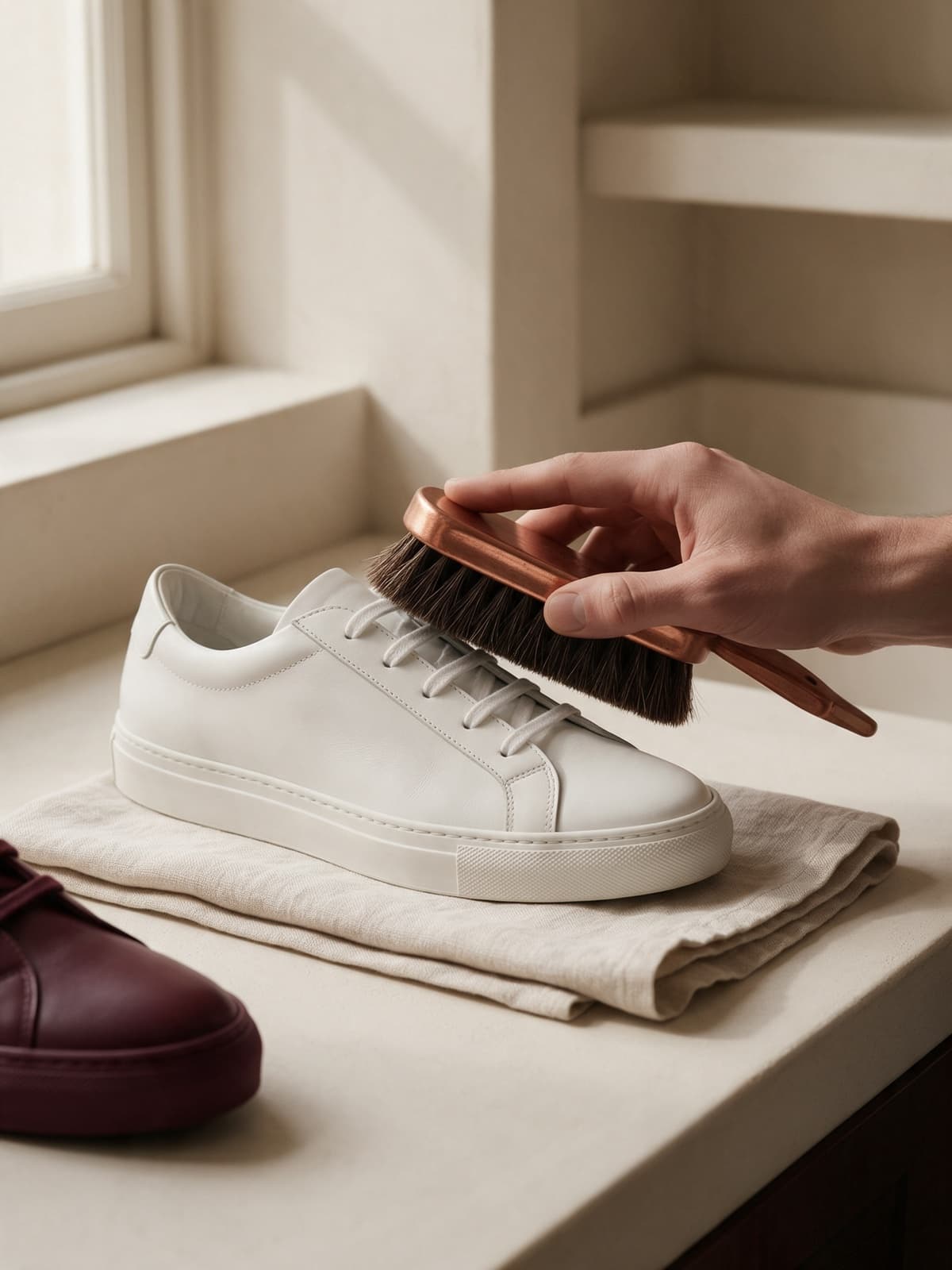 A white leather sneaker being cleaned with a soft brush on a linen cloth