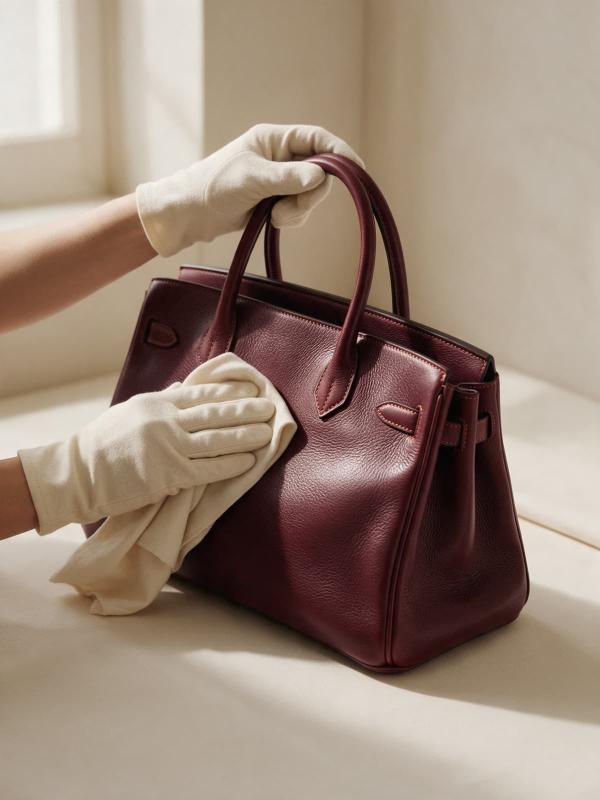 A maroon leather handbag being conditioned by gloved hands