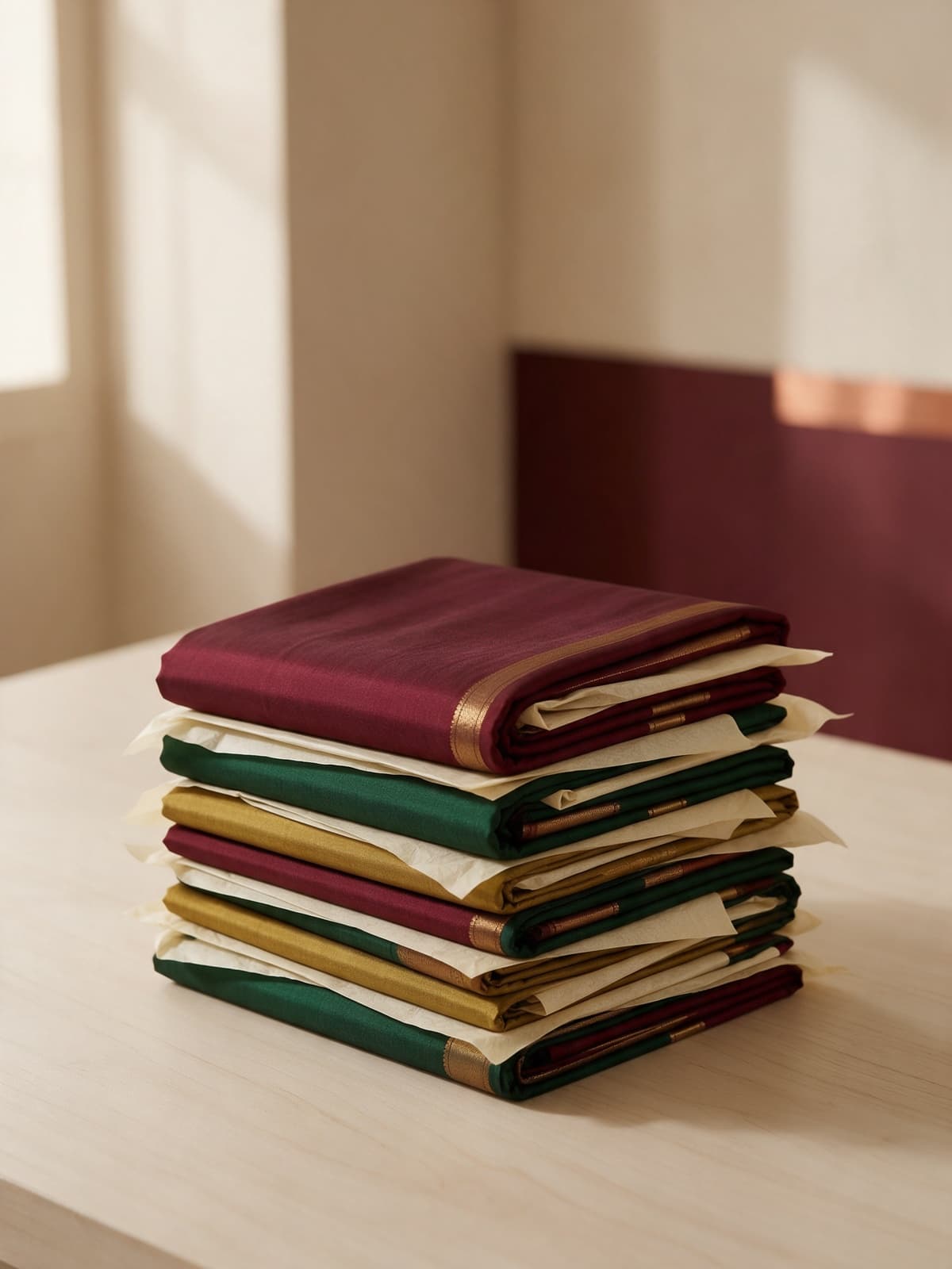 A stack of folded silk sarees in maroon, green and gold with zari borders, layered with tissue