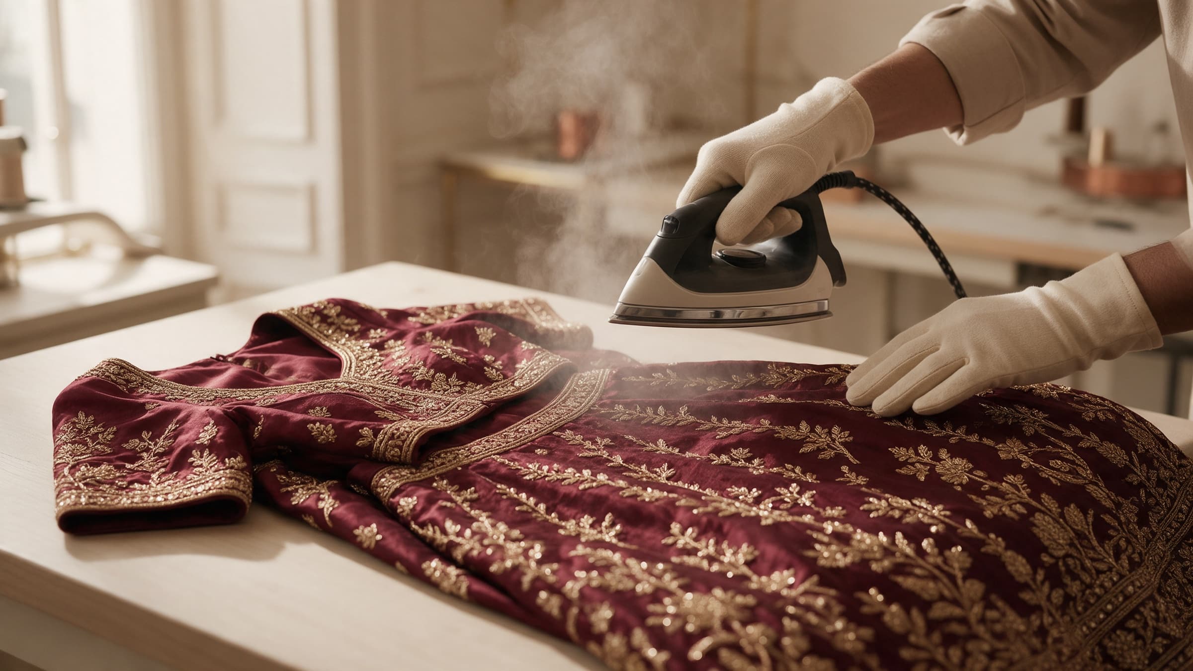 A specialist steaming an embroidered maroon garment in a cream atelier