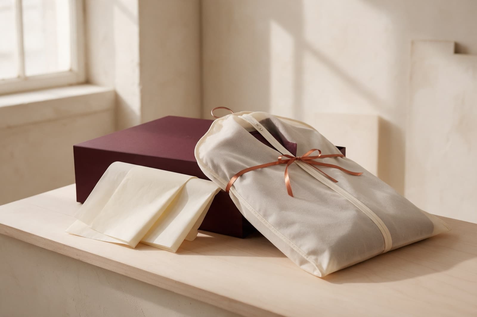 A finished garment folded in tissue inside a cream SKVO box