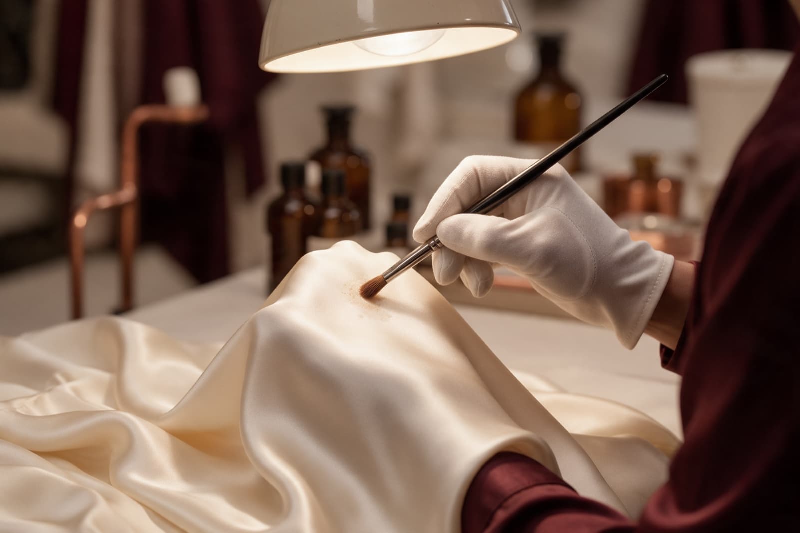 Spot treatment on ivory silk under a lamp
