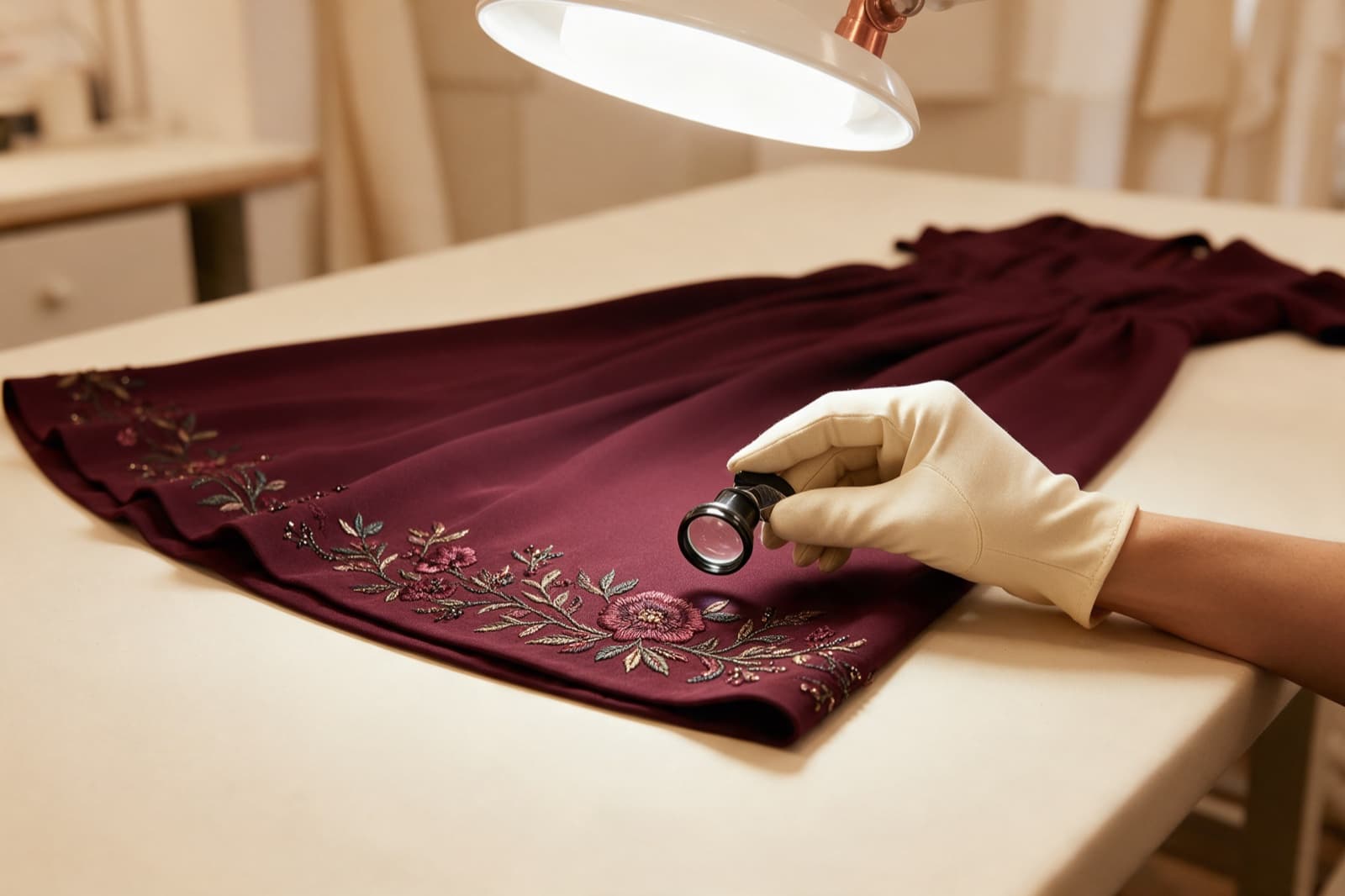 A specialist inspecting an embroidered hem under a lamp with a loupe