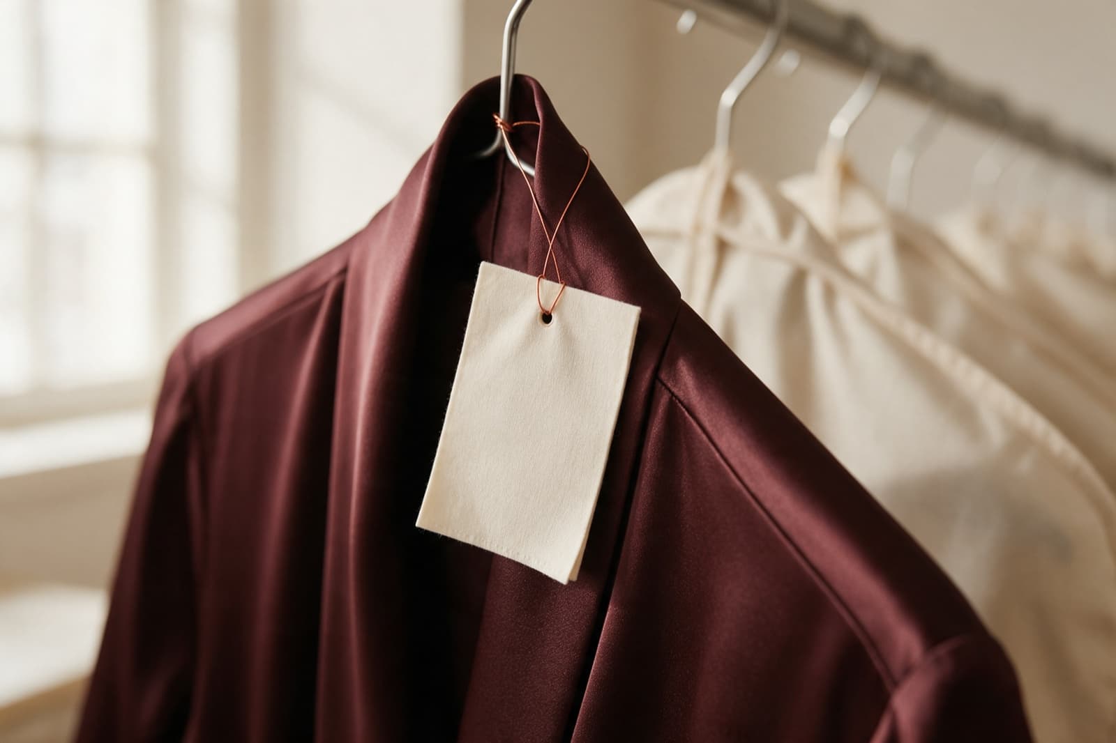 A blank cream tag on copper thread, tied to a maroon garment